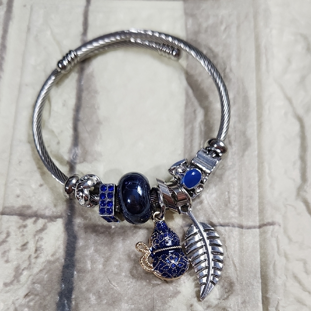Blue and Silver Charm Bracelet with Snake Chain and Unique Beads